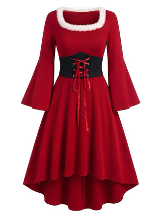 Rotes 50er Weihnachtskleid mit flauschigem Karreeausschnitt, Glockenärmeln und Vokuhila-Saum