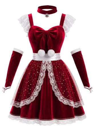 Rotes 40er Weihnachts-Samtkleid-Set im Schürzen-Look mit Meshbesatz und Schleife