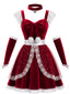 Rotes 40er Weihnachts-Samtkleid-Set im Schürzen-Look mit Meshbesatz und Schleife