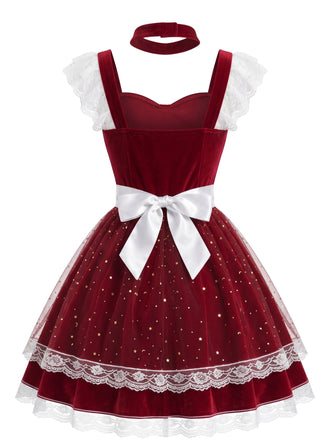 Rotes 40er Weihnachts-Samtkleid-Set im Schürzen-Look mit Meshbesatz und Schleife