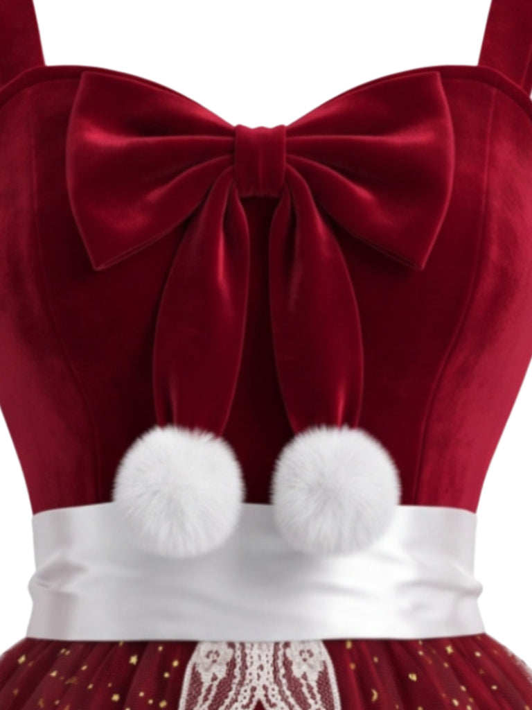 Rotes 40er Weihnachts-Samtkleid-Set im Schürzen-Look mit Meshbesatz und Schleife