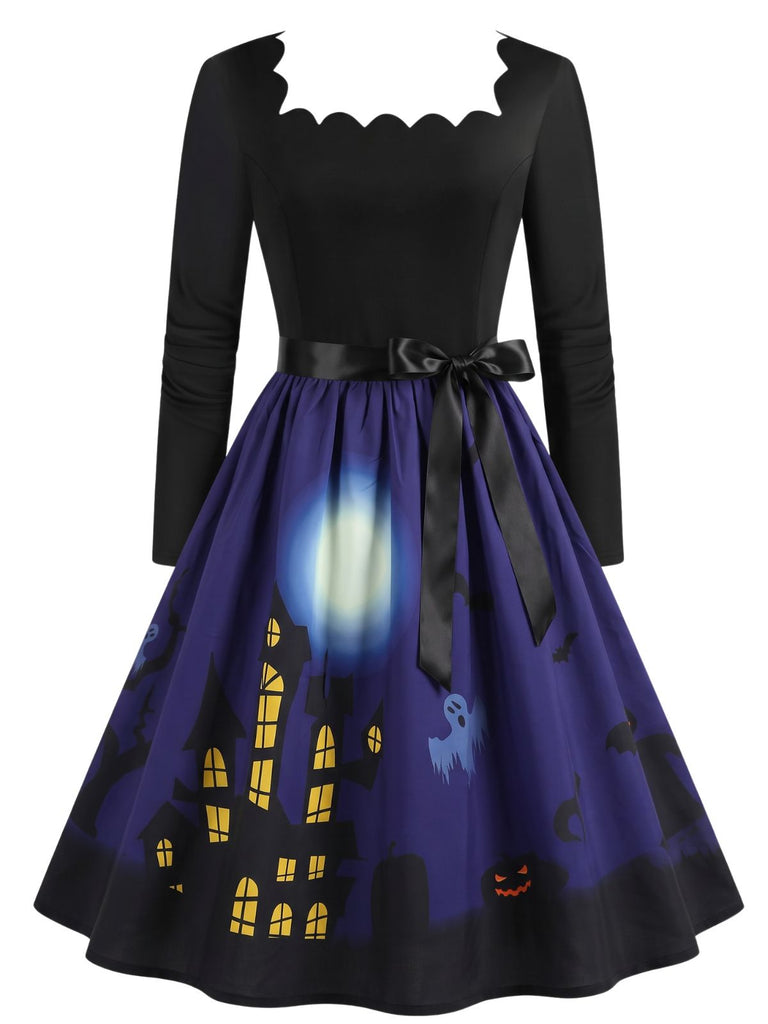 40er Halloween Swingkleid mit Spukhaus-Print und Wellen-Ausschnitt