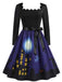 40er Halloween Swingkleid mit Spukhaus-Print und Wellen-Ausschnitt