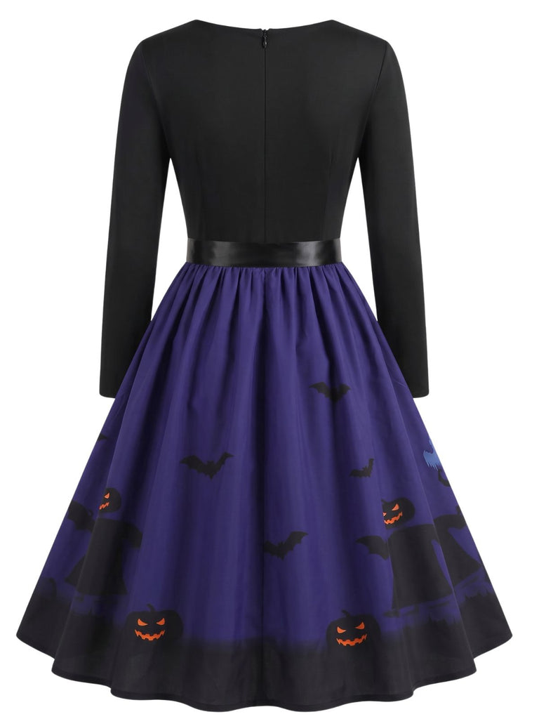 40er Halloween Swingkleid mit Spukhaus-Print und Wellen-Ausschnitt