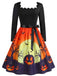 40er Halloween Swingkleid mit Spukhaus-Print und Wellen-Ausschnitt