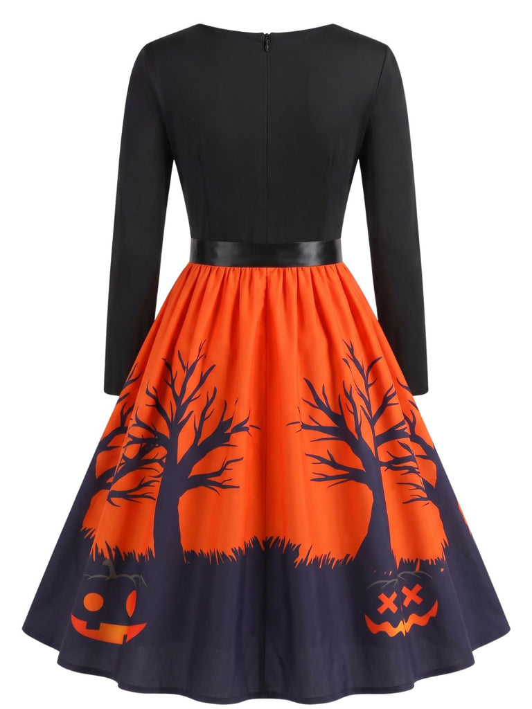 40er Halloween Swingkleid mit Spukhaus-Print und Wellen-Ausschnitt