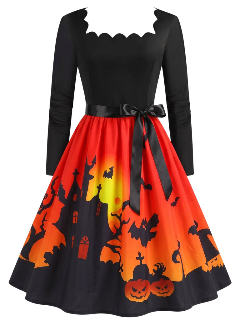 40er Halloween Swingkleid mit Spukhaus-Print und Wellen-Ausschnitt