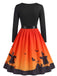 40er Halloween Swingkleid mit Spukhaus-Print und Wellen-Ausschnitt