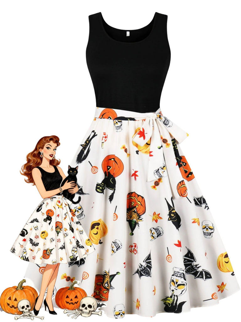 50er Halloween ärmelloses Kleid mit Kürbis- und Totenkopf-Print