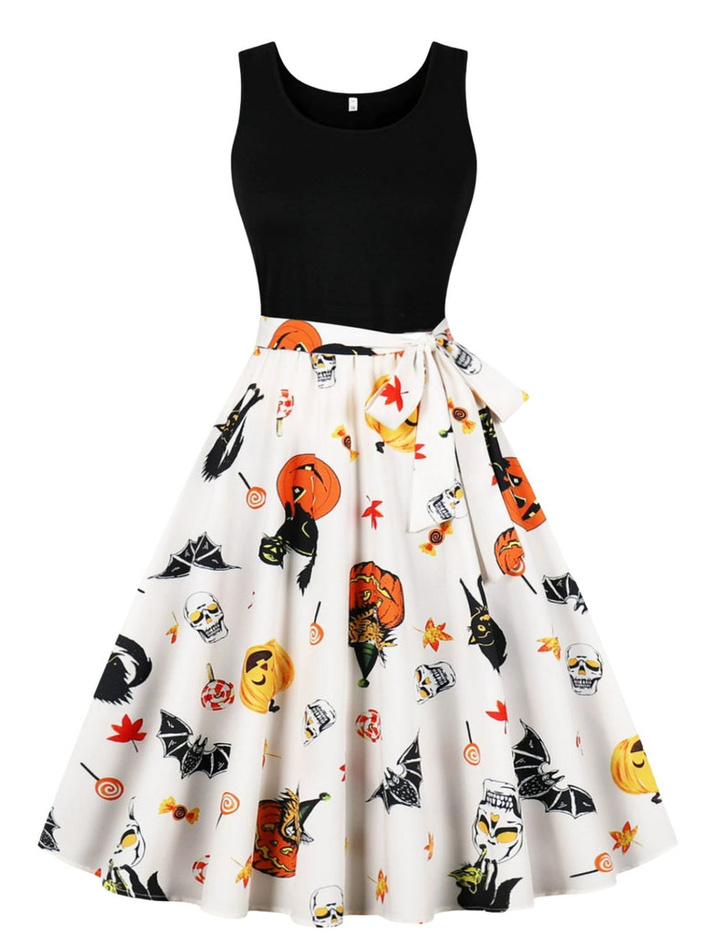 50er Halloween ärmelloses Kleid mit Kürbis- und Totenkopf-Print