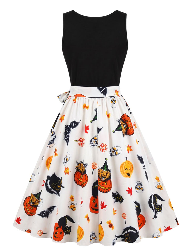 50er Halloween ärmelloses Kleid mit Kürbis- und Totenkopf-Print
