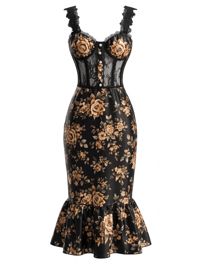 30er Mesh-Meerjungfrauenkleid in Korsett-Optik mit Blumenmuster und Spitzenträgern