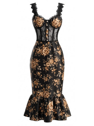 30er Mesh-Meerjungfrauenkleid in Korsett-Optik mit Blumenmuster und Spitzenträgern