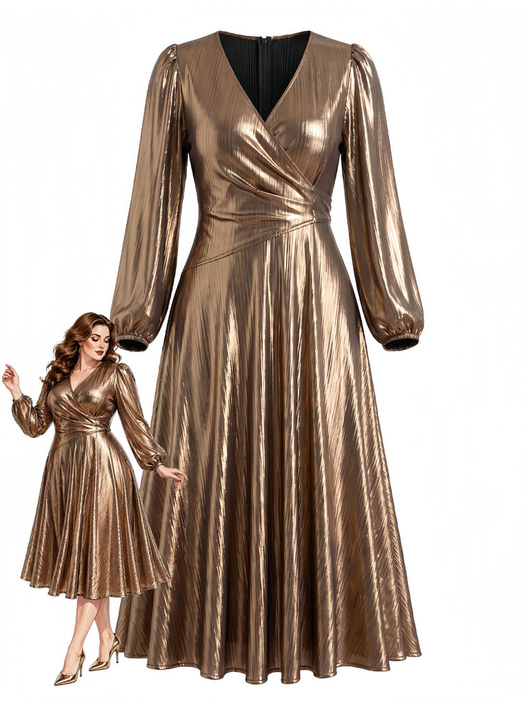 [Übergröße] Goldenes 70er Metallic-Kleid mit V-Ausschnitt und Ballonärmeln