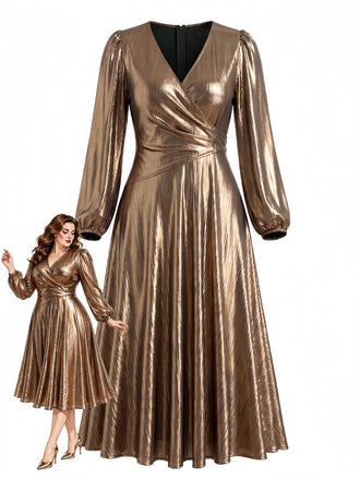 [Übergröße] Goldenes 70er Metallic-Kleid mit V-Ausschnitt und Ballonärmeln