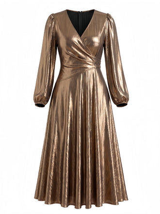 [Übergröße] Goldenes 70er Metallic-Kleid mit V-Ausschnitt und Ballonärmeln