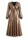 [Übergröße] Goldenes 70er Metallic-Kleid mit V-Ausschnitt und Ballonärmeln