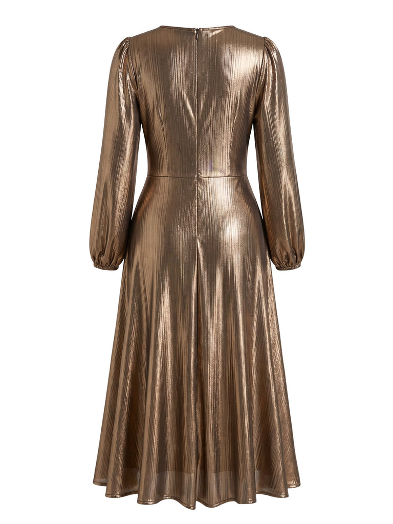 [Übergröße] Goldenes 70er Metallic-Kleid mit V-Ausschnitt und Ballonärmeln