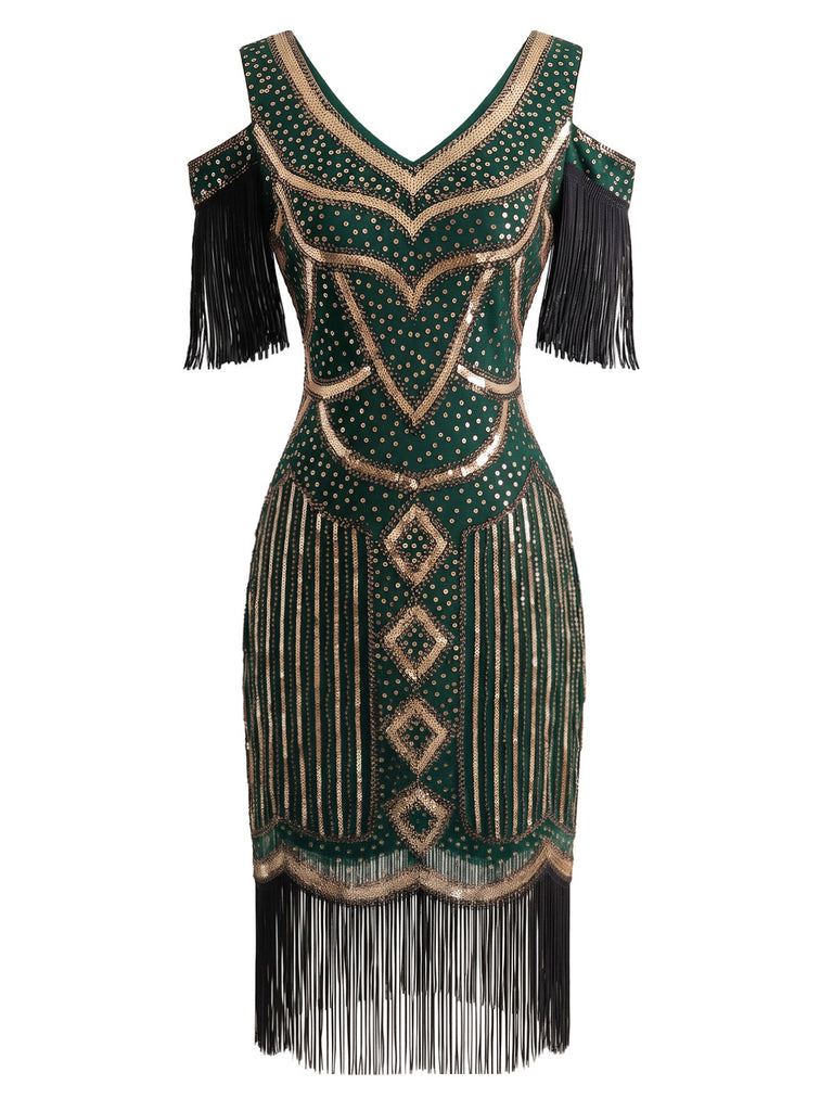 20er Flapperkleid mit Pailletten, Fransen und Schulterausschnitten