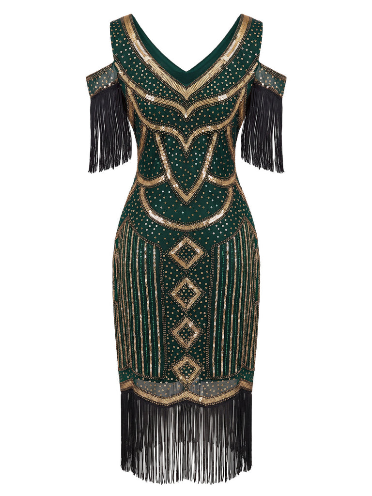 20er Flapperkleid mit Pailletten, Fransen und Schulterausschnitten