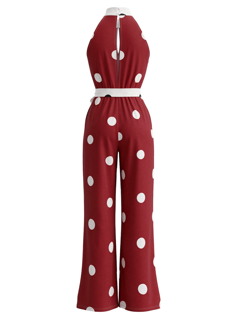 Ärmelloser 70er Neckholder-Punkte-Jumpsuit mit weitem Bein und Gürtel