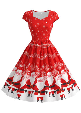 Rotes 50er Weihnachts-Swingkleid mit Weihnachtsmannprint