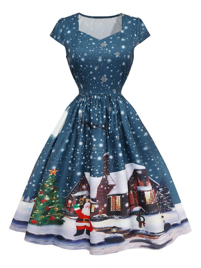 Dunkelblaues 50er Weihnachts-Midikleid mit Weihnachtsmannprint