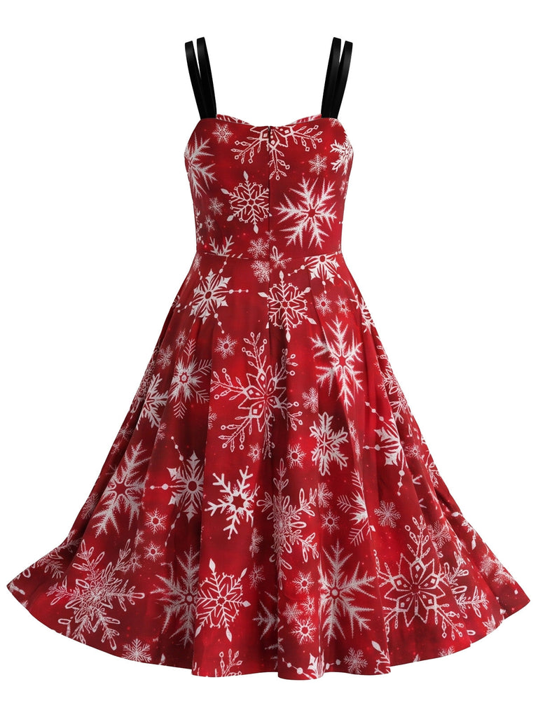 Rotes 50er Weihnachts-Swingkleid mit Rentier- und Schneeflockenprint