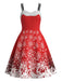 Rotes 50er Weihnachts-Swingkleid mit Rentier- und Schneeflockenprint