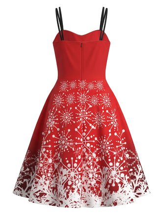 Rotes 50er Weihnachts-Swingkleid mit Rentier- und Schneeflockenprint
