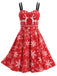 Rotes 50er Weihnachts-Swingkleid mit Rentier- und Schneeflockenprint