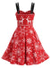 Rotes 50er Weihnachts-Swingkleid mit Rentier- und Schneeflockenprint