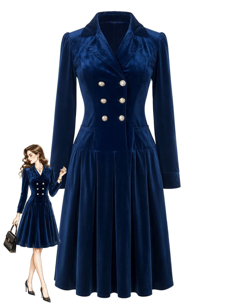 Marineblaues 50er Samtkleid mit Rockfalten und Doppelknopfreihe