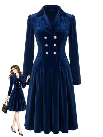 Marineblaues 50er Samtkleid mit Rockfalten und Doppelknopfreihe