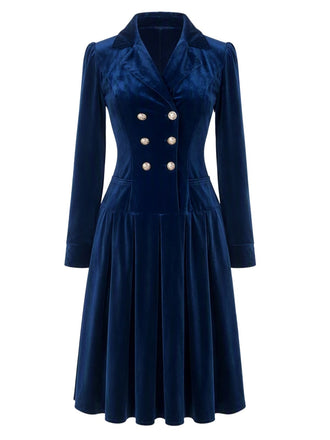 Marineblaues 50er Samtkleid mit Rockfalten und Doppelknopfreihe