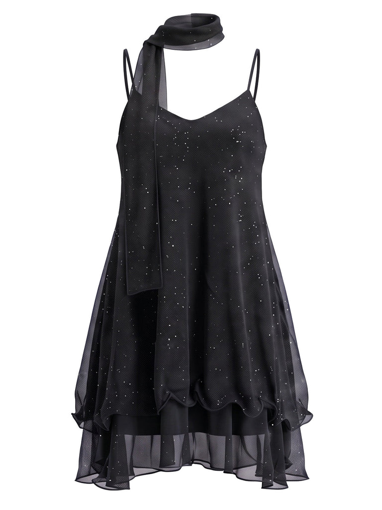 70er Glitzer-Mesh-Minikleid mit Rüschen und passendem Schal