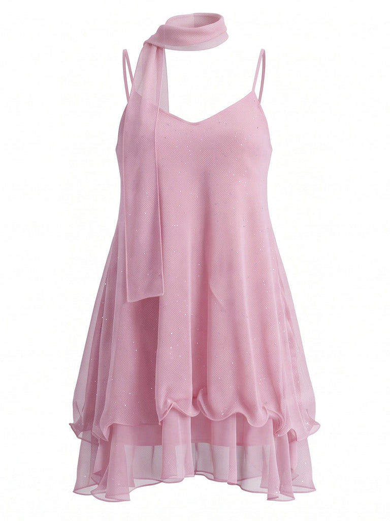 70er Glitzer-Mesh-Minikleid mit Rüschen und passendem Schal