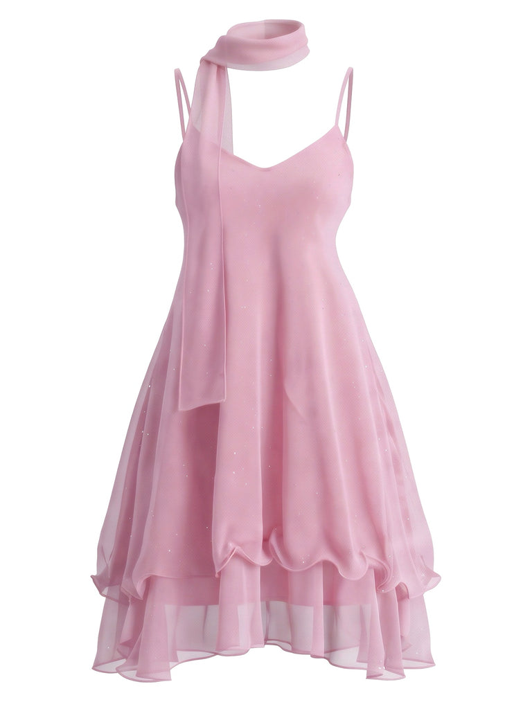 70er Glitzer-Mesh-Minikleid mit Rüschen und passendem Schal