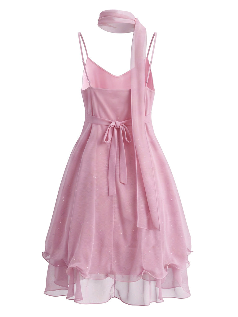 70er Glitzer-Mesh-Minikleid mit Rüschen und passendem Schal