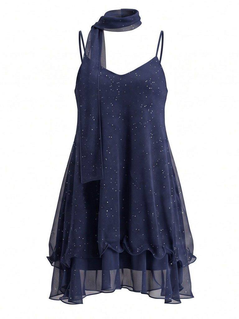 70er Glitzer-Mesh-Minikleid mit Rüschen und passendem Schal