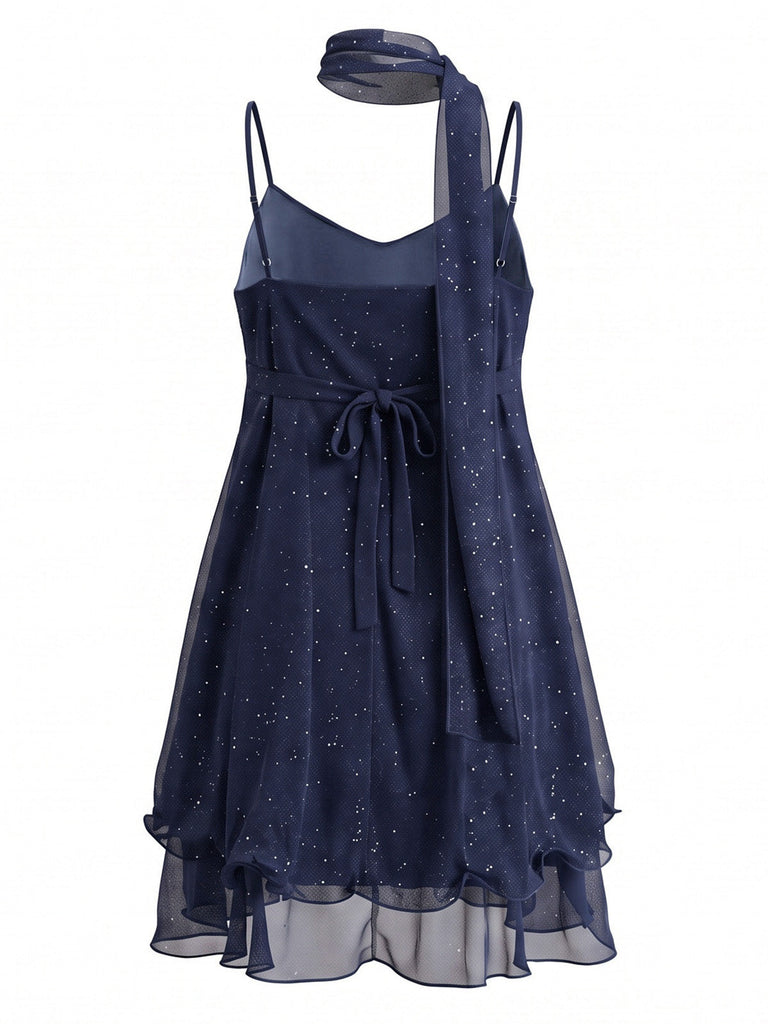 70er Glitzer-Mesh-Minikleid mit Rüschen und passendem Schal