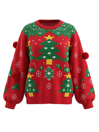 Roter 80er Weihnachtspulli mit Tannenbäumen, Schneeflocken und Pompons