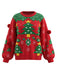 Roter 80er Weihnachtspulli mit Tannenbäumen, Schneeflocken und Pompons