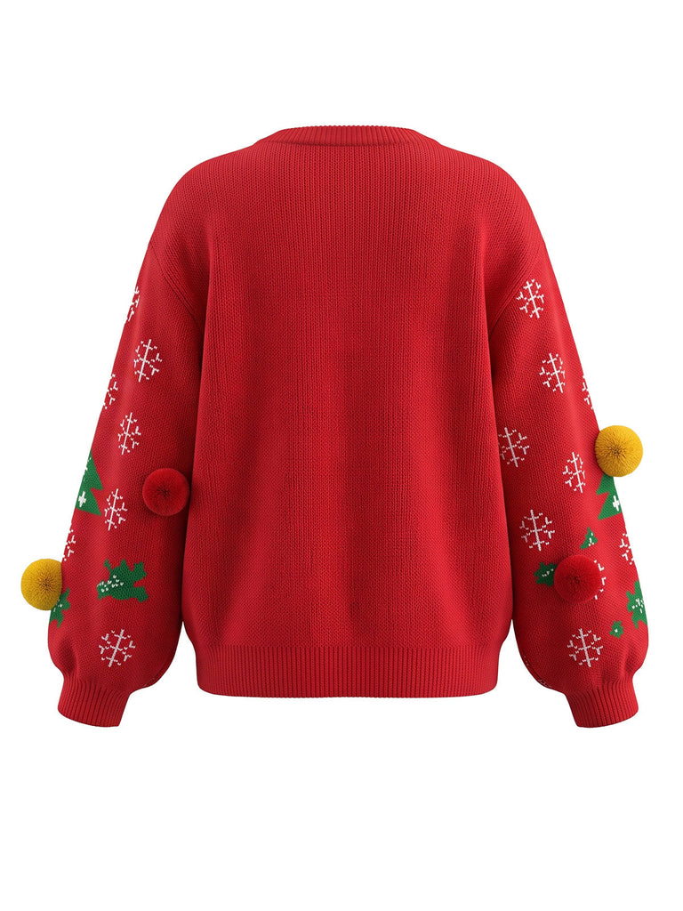 Roter 80er Weihnachtspulli mit Tannenbäumen, Schneeflocken und Pompons