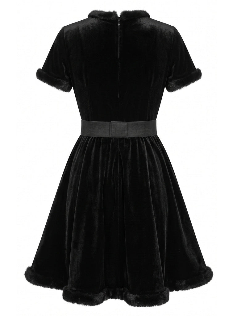 Schwarzes 80er Katzenkostüm mit Samtkleid, Cut-out und Schleife