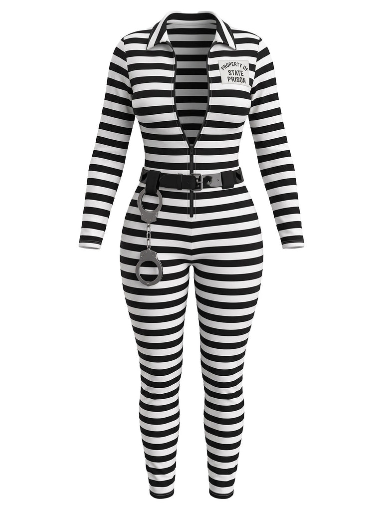 Schwarz-weißes 80er Häftlings-Jumpsuit mit Streifen