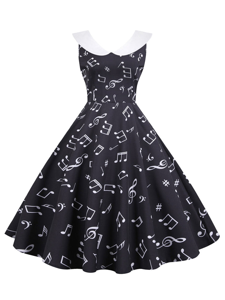 50er Kleid ohne Ärmel mit Notenprint und Bubikragen