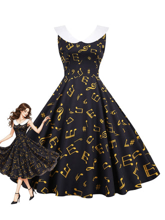 50er Kleid ohne Ärmel mit Notenprint und Bubikragen