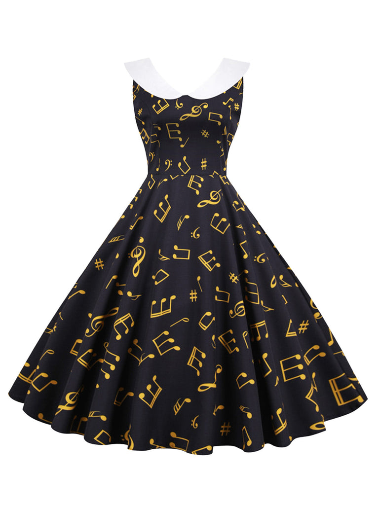 50er Kleid ohne Ärmel mit Notenprint und Bubikragen