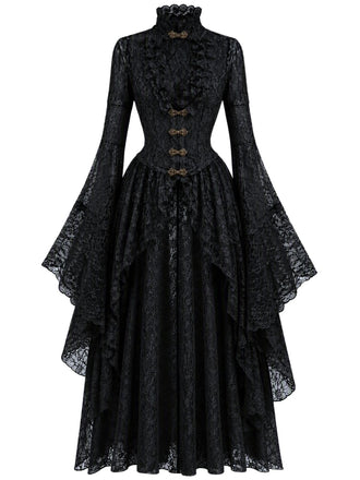40er Spitzen-Mittelalterkleid mit Stehkragen und Trompetenärmeln